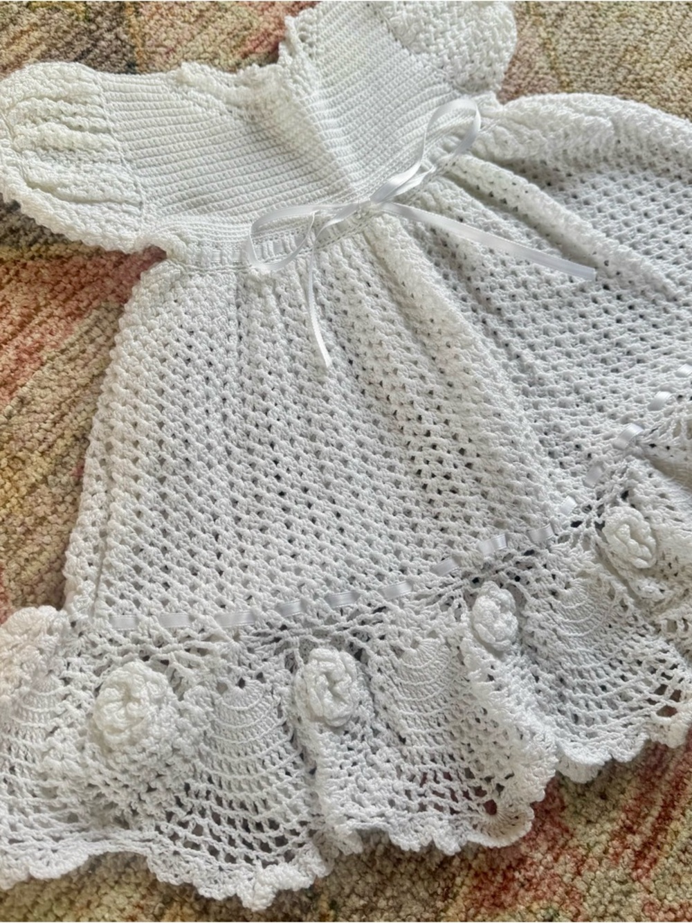 Beautiful Handmade White Crochet Baby Dress with Rosette Trim